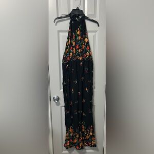 Black and bright color floral backless jumpsuit